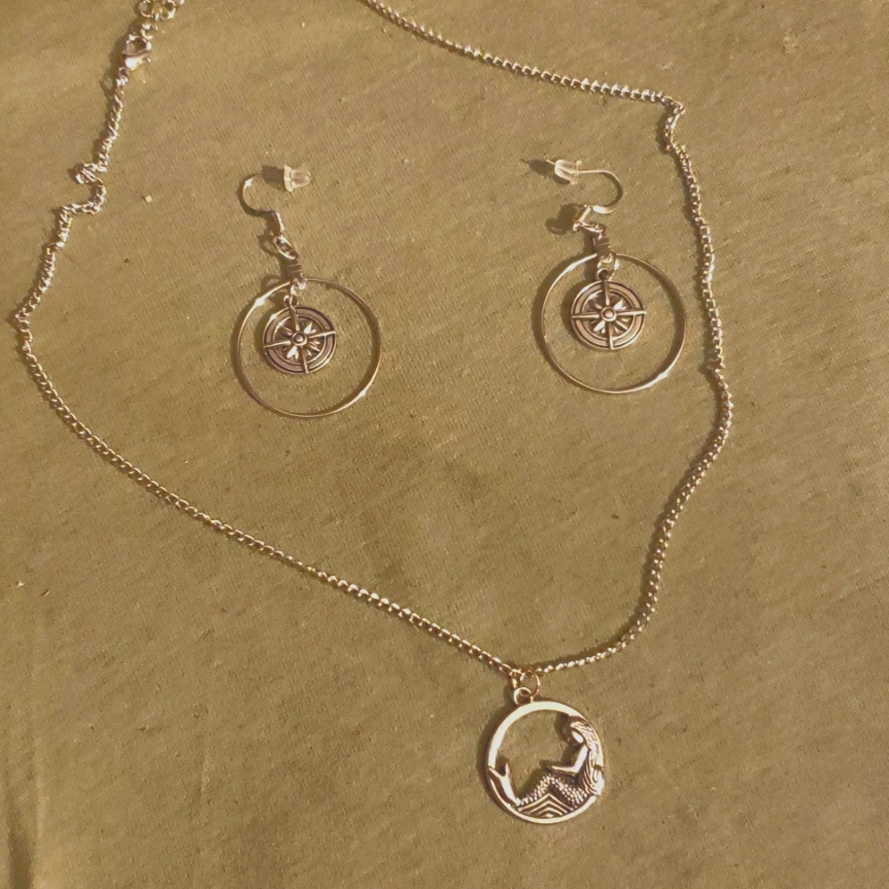 Mermaid necklace with compass earrings